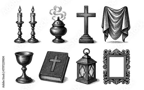 Vintage engraved religious icons collection with cross and bible