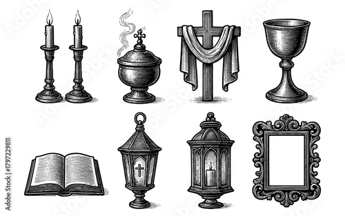 Vintage religious symbols with candles, cross, chalice, and frame in detailed engraving style