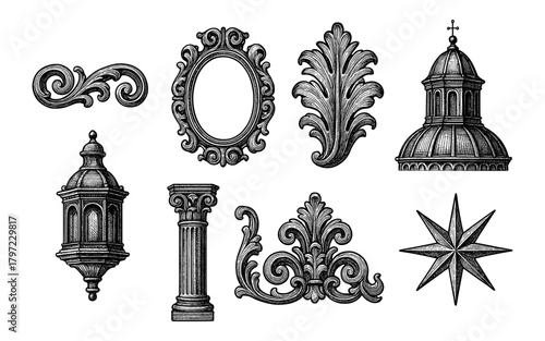 Vintage architectural elements collection in detailed engraving style