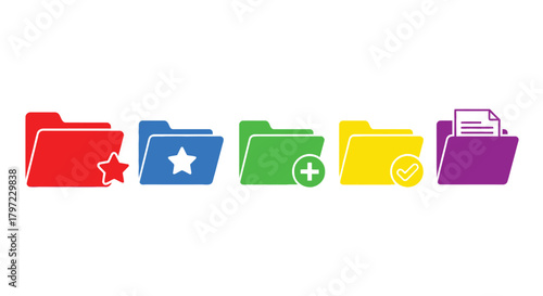 Colorful folder icons with stars plus signs and checkmarks arranged in a row