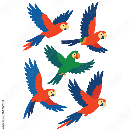 Five colorful parrots in flight—four red-blue-yellow and one green—each in unique airborne poses.