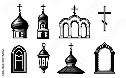 Traditional eastern orthodox church elements in vintage engraving style