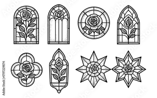Intricate rose and floral patterns in gothic vintage style stained glass windows