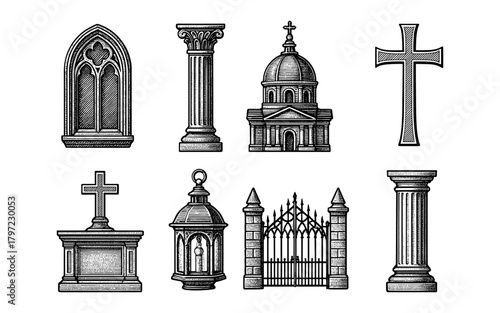 Vintage gothic architectural elements and monuments in engraving style