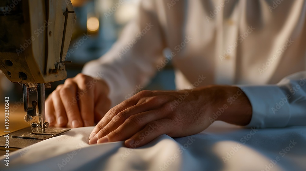Obraz premium Close-up of a tailor’s hands guiding aged wool through a sewing machine, transforming it into a sleek modern cut. The tactile details of thread, fabric, and motion emphasize sustainability,