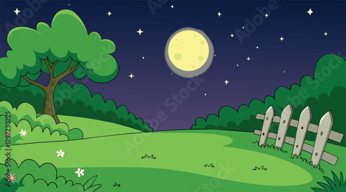 Night scene with moon, tree, and fence
