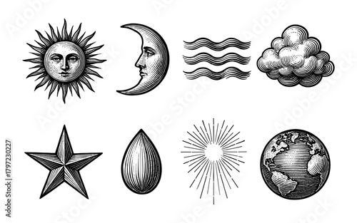 Vintage celestial sun and moon with classical engraving style elements