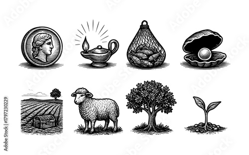 Vintage engravings of historical artifacts and nature elements in black and white