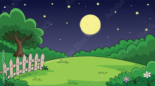 Night scene with moon, tree, and fence