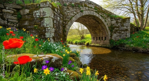 Ancient Stone Bridge Over Crystal River, Wildflowers, Springtime Landscape.