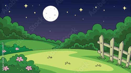 Night landscape with moon and stars over grassy field
