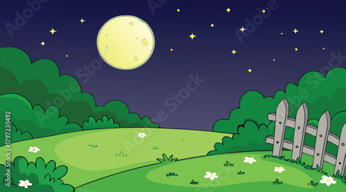 Night scene with moon, grass, and fence
