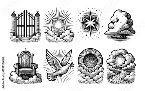 Vintage black and white celestial and nature elements with clouds and stars