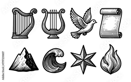 Vintage hand drawn icons: harp, lyre, dove, scroll, mountain, wave, star, flame