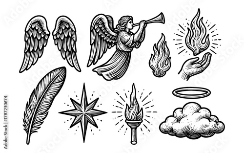 Vintage angelic symbols and icons: feather, flame, halo, and cloud designs