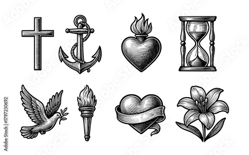 Vintage tattoo icons featuring cross, anchor, heart, hourglass, dove