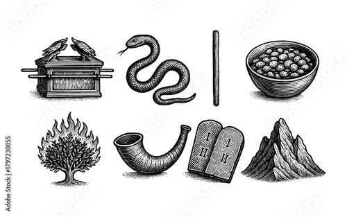 Biblical symbols: snake, ark, tablets, and more in engraved style