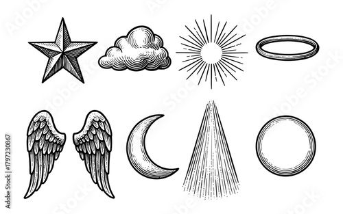 Vintage celestial icons: star, cloud, sunburst, halo, wings, crescent, rays, circle