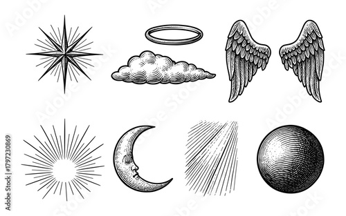 Vintage celestial elements: sun, moon, wings, cloud, halo, and rays