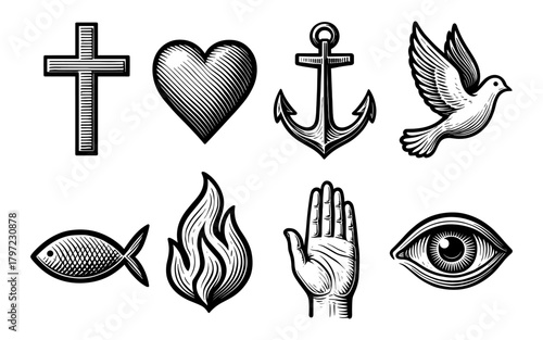 Vintage retro tattoo symbols: heart, cross, anchor, dove, fish, flame, hand, eye