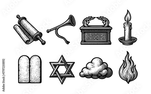 Vintage religious icons featuring torah, menorah, and ten commandments