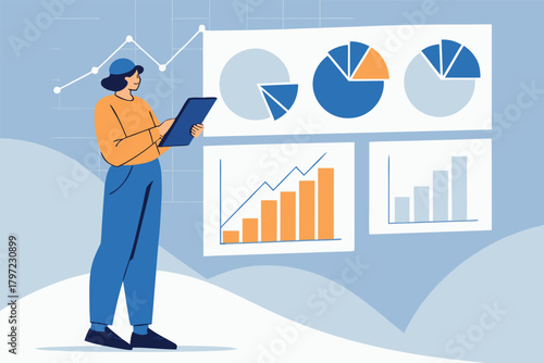 Data analyst meticulously comparing historical performance charts with current projections, visualising trends, financial metrics, growth patterns, and business intelligence insights.
