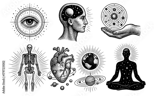 Mystical cosmic anatomy: astrology symbols and celestial bodies
