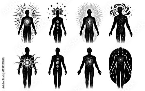 Mystical human figures with cosmic elements against white background