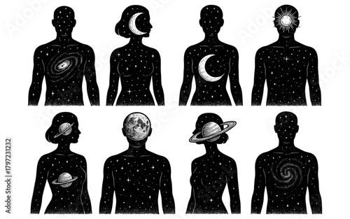 Celestial silhouette series: cosmic bodies with stars, moons, and planets