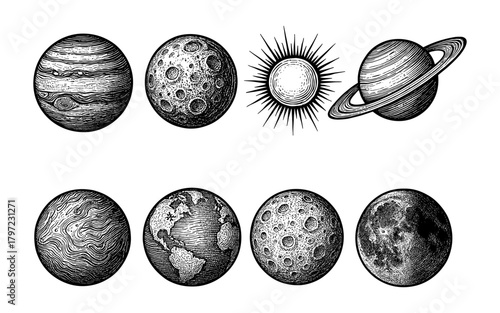 Intricate celestial bodies with sun and planets in vintage style