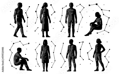 Silhouette people with constellations in background