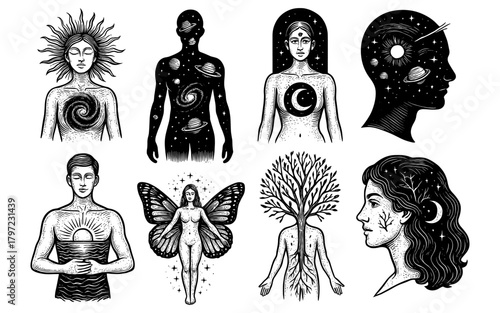 Surreal cosmic and nature inspired human figures with celestial elements