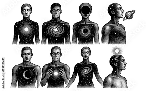 Cosmic human transformation with celestial patterns and planetary elements
