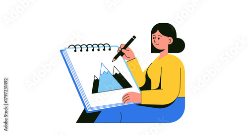 Woman Sketching Mountain Landscape in a Notebook with a Stylish Minimalist Design