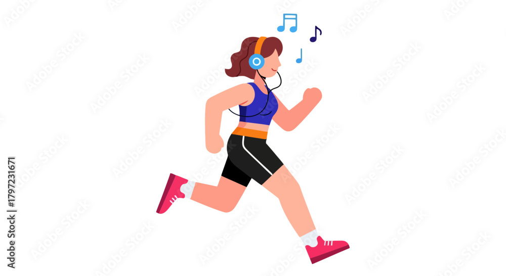 Fototapeta premium Woman Jogging While Listening Music in Headphones on a Black Background Setting