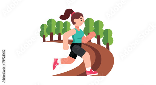 Woman Jogging on a Path Surrounded By Trees in a Minimalist Vector Illustration