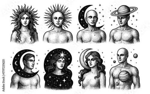 Mythical celestial beings with planetary and cosmic motifs in vintage style