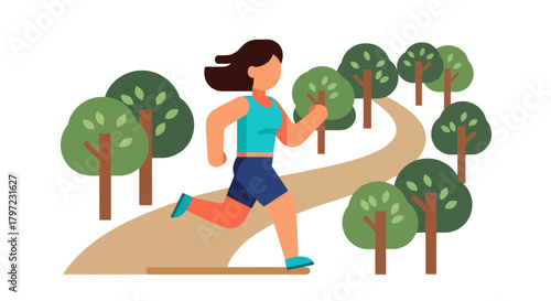 Woman Jogging Through Park Depicted in Flat Vector Illustration Style Design