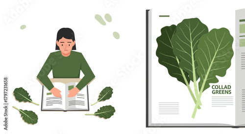 Woman Studying Collard Greens From Book With Fresh Leafy Greens on Black Background