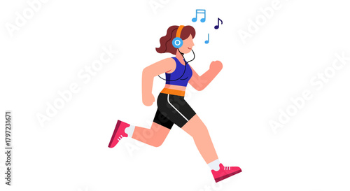 Woman Jogging While Listening Music in Headphones on a Black Background Setting