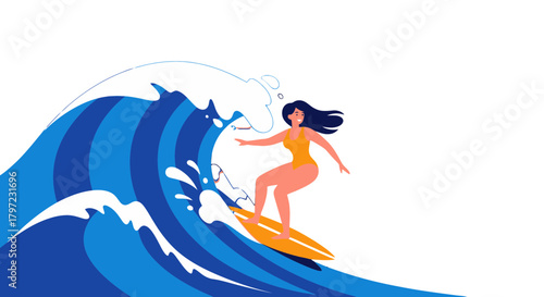 Woman Surfing a Giant Wave on a Surfboard Against a Dark Background Illustration