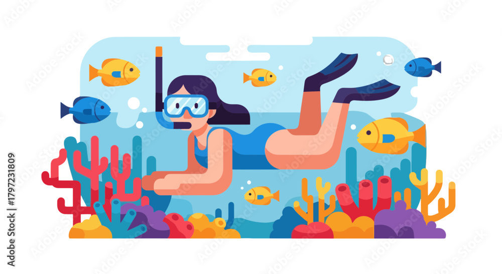 Fototapeta premium Woman Swimming Underwater With Snorkel, Observing Marine Fauna in The Sea