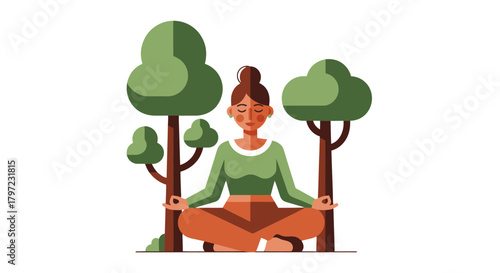 Woman Meditating In Nature Amidst Trees With Peace and Serene Background