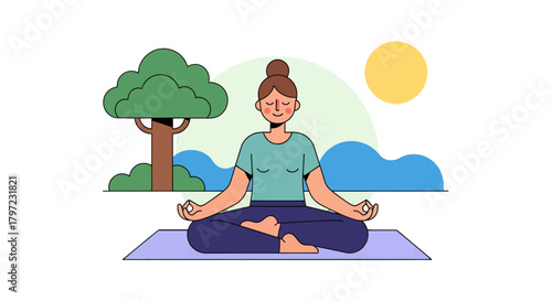 Woman Meditating Outdoors During Sunset Demonstrates Mindfulness and Peacefulness