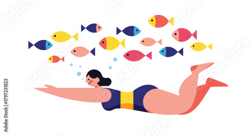 Woman Swimming with Playful Oceanic Fish in Graphic and Vivid Artistic Illustration