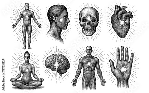 Vintage engravings of human anatomy featuring skeleton, skull, brain and yoga poses