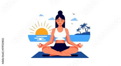 Woman Meditating On Beach, Relaxing in Nature, A Calm and Serene Coastal Visual
