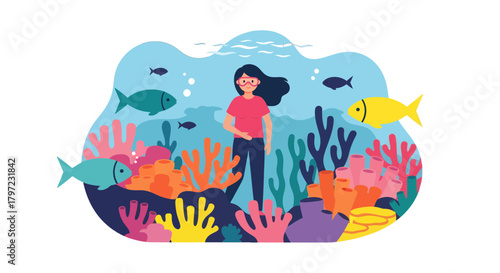 Woman Undersea Exploration with Colorful Coral Reefs and Various Aquatic Creatures