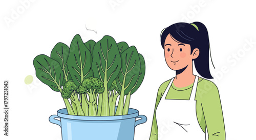 Woman Next to a Pot Full of Fresh Greens, Ready to Prepare a Healthy Meal