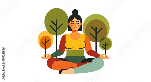 Woman Meditating Outdoors Amongst Trees in a Harmonious and Peaceful State of Mind